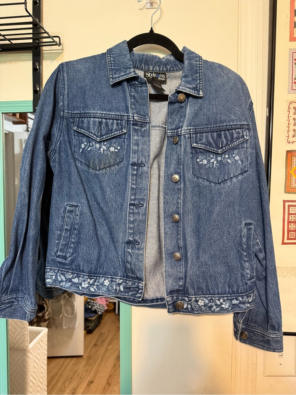 Style & Co. Blue Denim Jacket with Embroidered Floral Trim